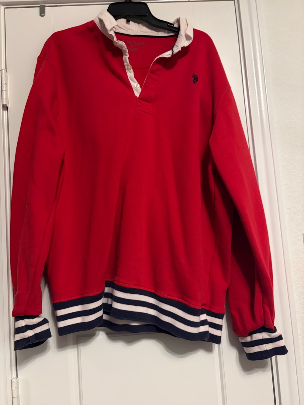 U.S. Polo Assn. Red Rugby-Style Pullover with White Collar and Navy Trim
